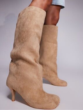 Square Toe Faux Suede Knee High Boots Kitten Heel 11.5 Minimalist Slouchy Y2K